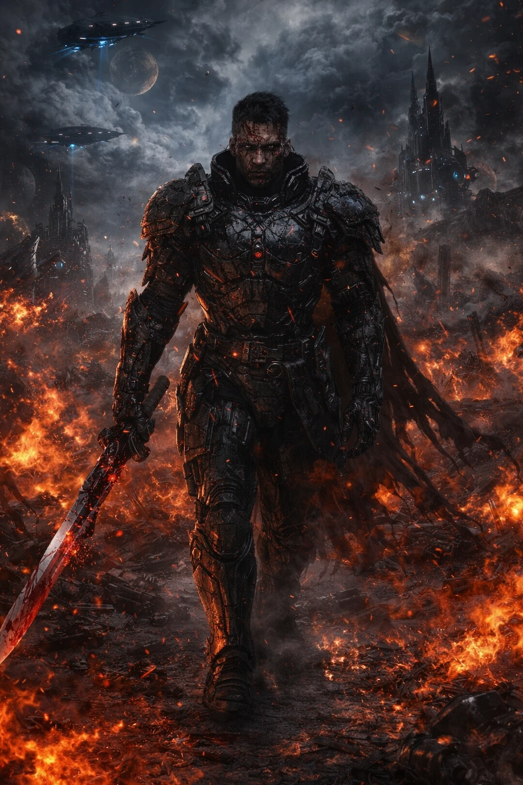 Armored warrior walking through a burning war torn battlefield