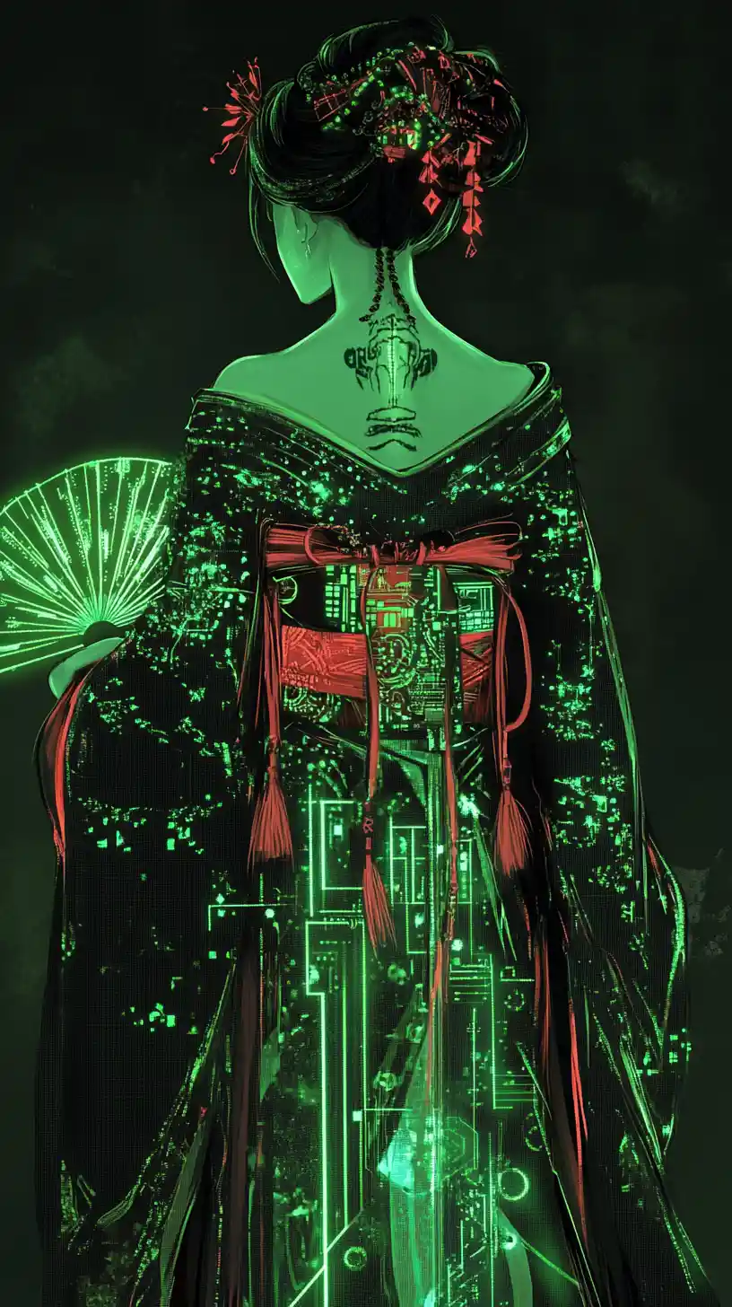 Geisha cyberpunk em quimono neon com leque brilhante