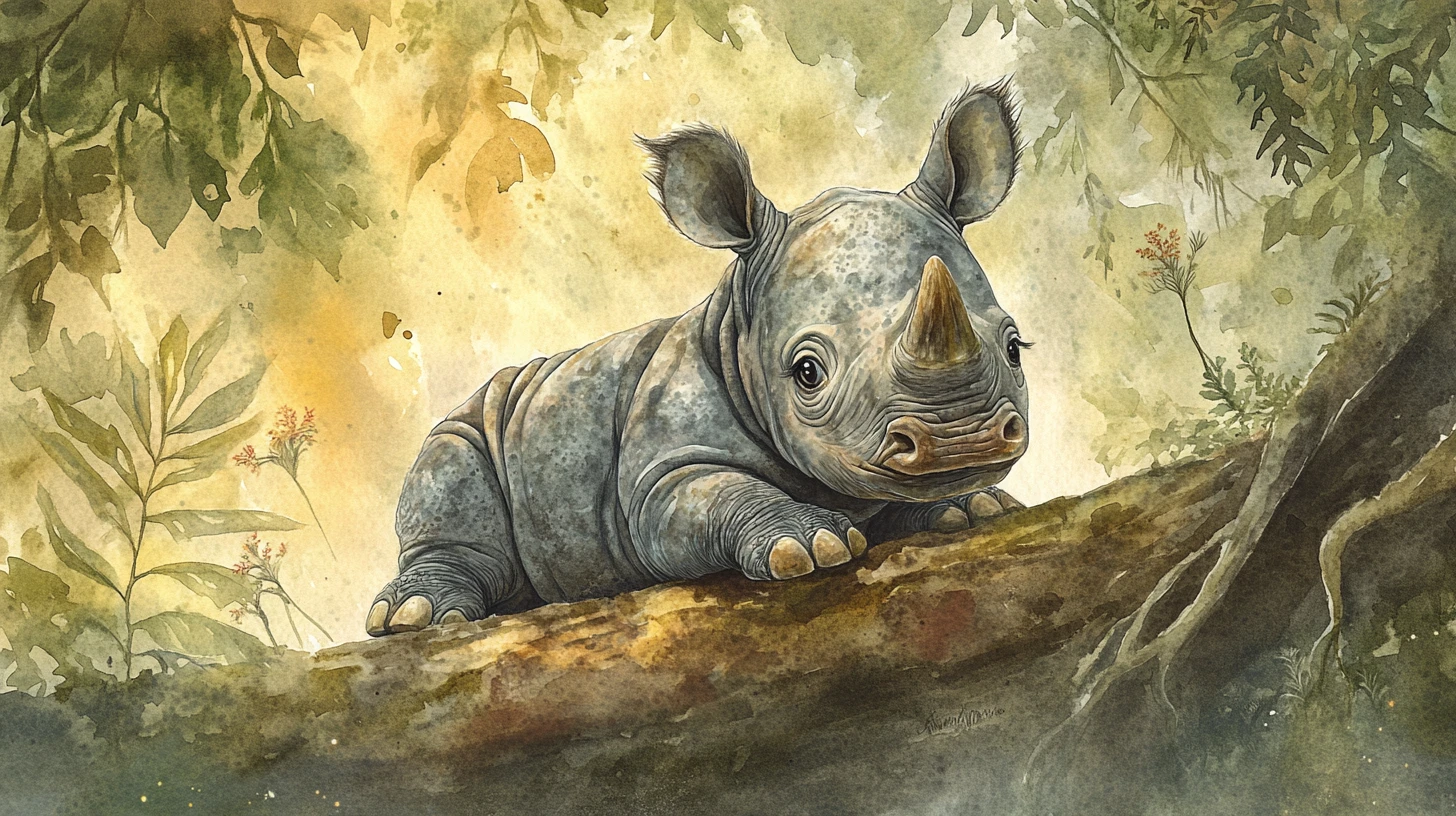 Adorable bébé rhinocéros se reposant sur un tronc moussu dans la jungle