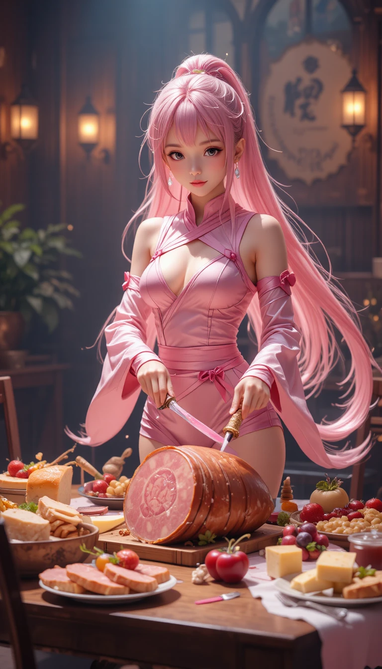 Anime ninja girl slicing ham at a cozy dining table
