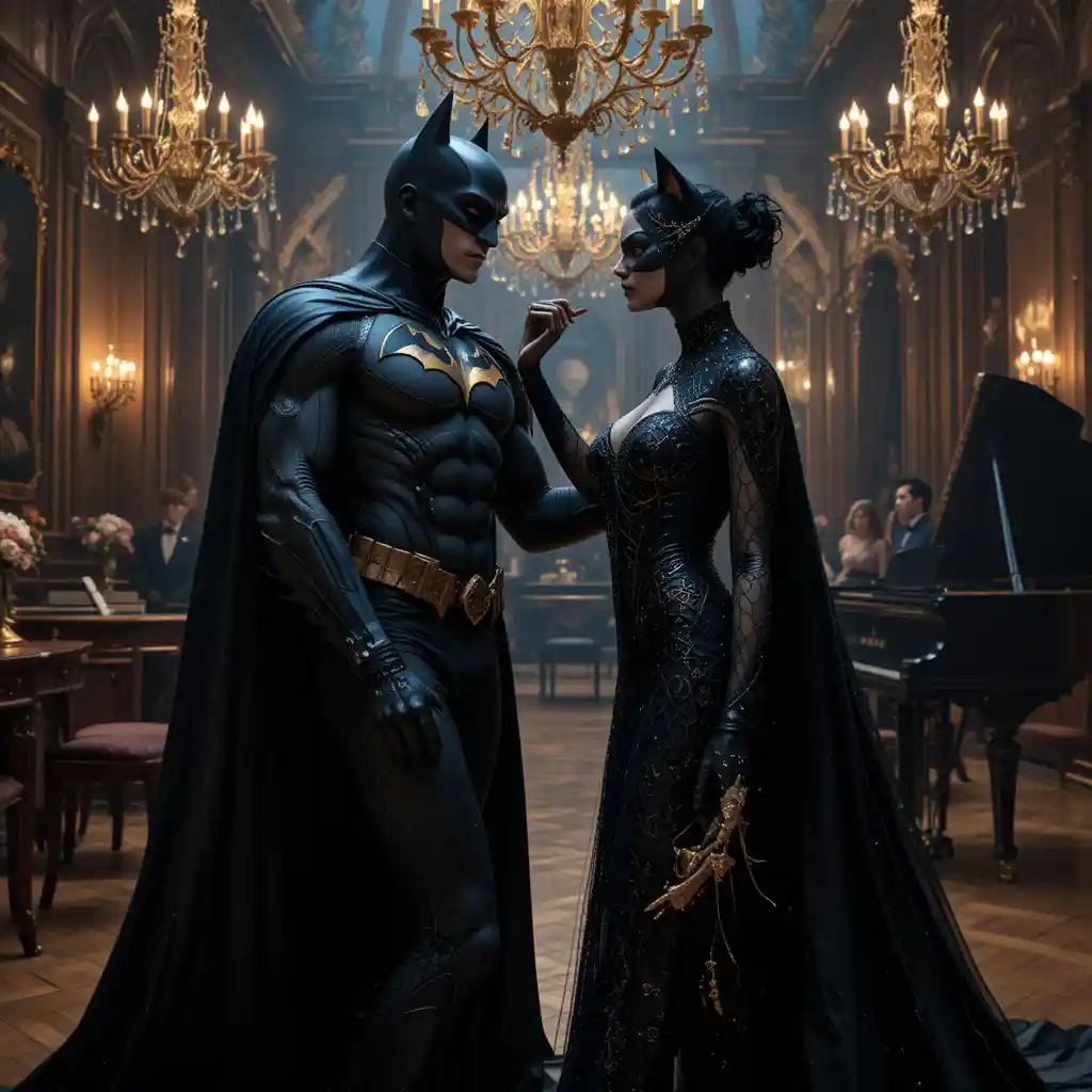 Elegant masked couple dancing in a lavish ballroom