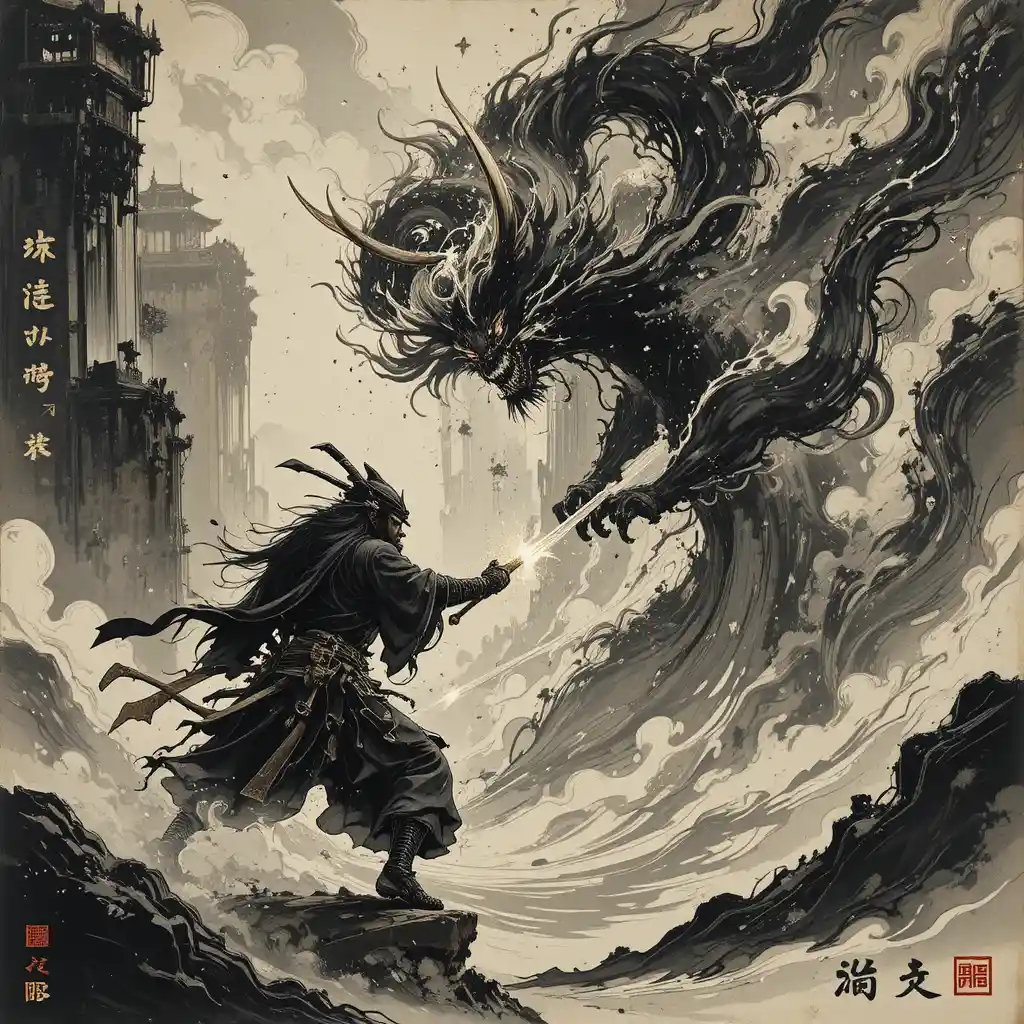 Samurai battling a fearsome oni in bold ink strokes