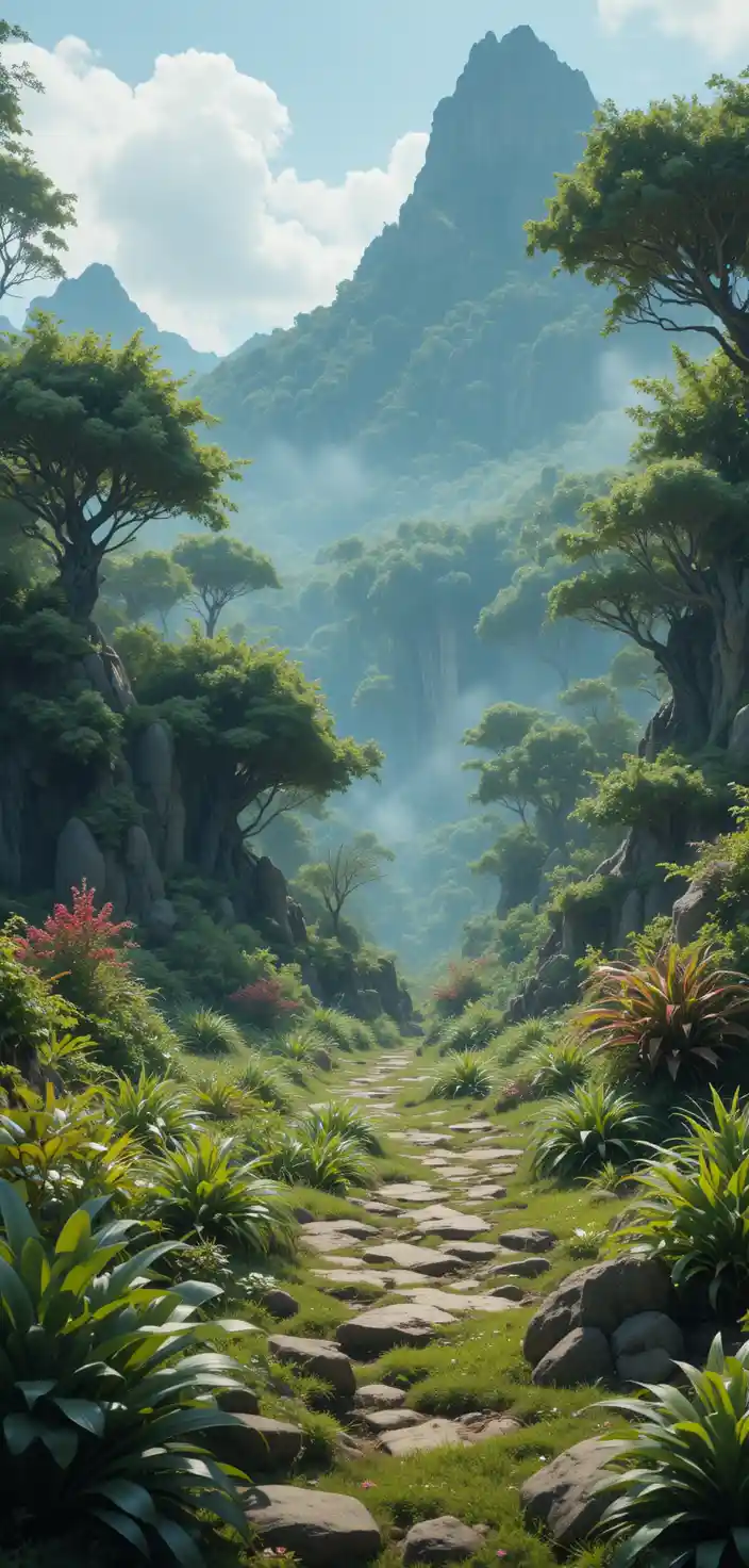 Paesaggio fantasy 2D con erbe, arbusti e creature vegetali