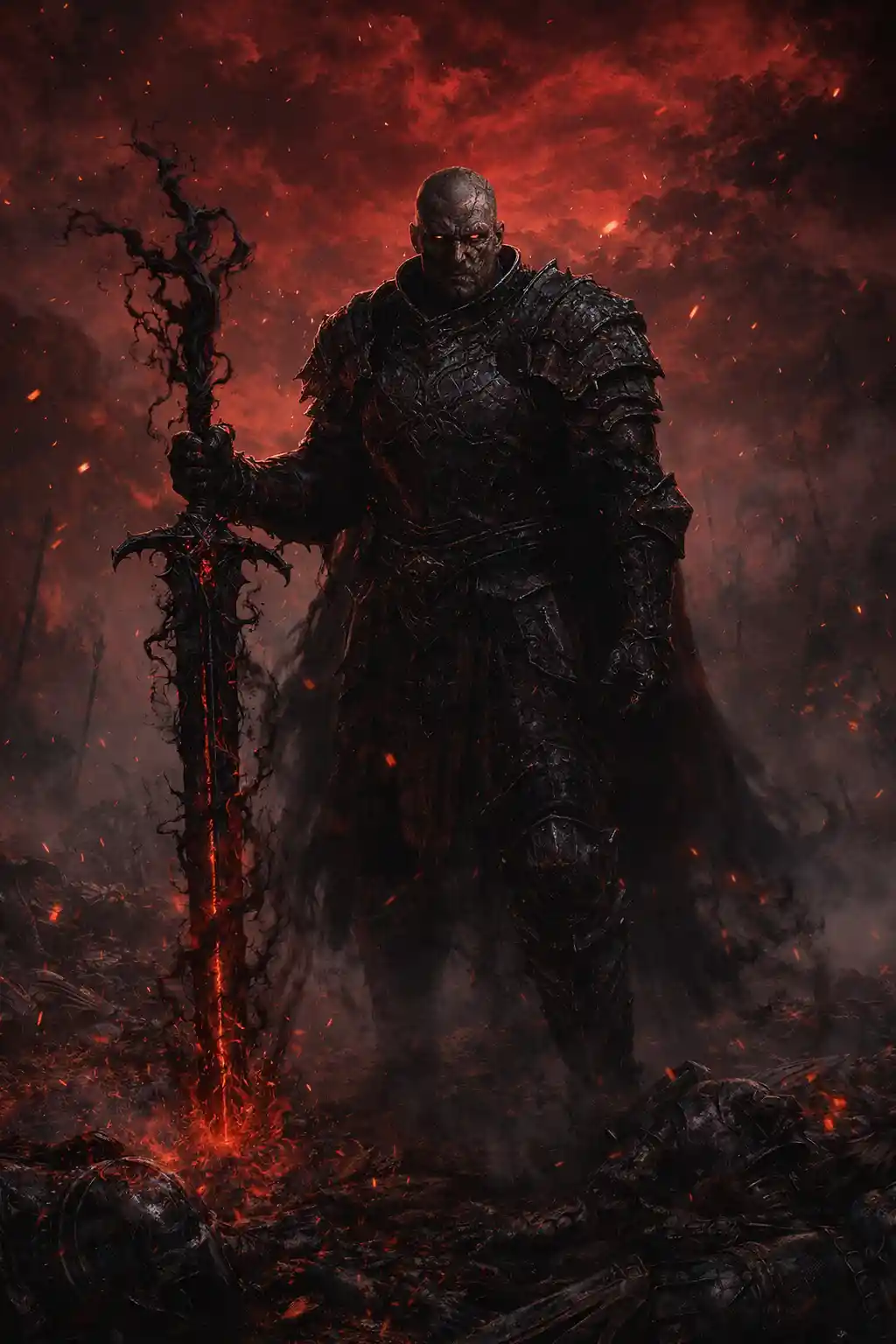 Lone dark warrior on a cursed battlefield under red sky