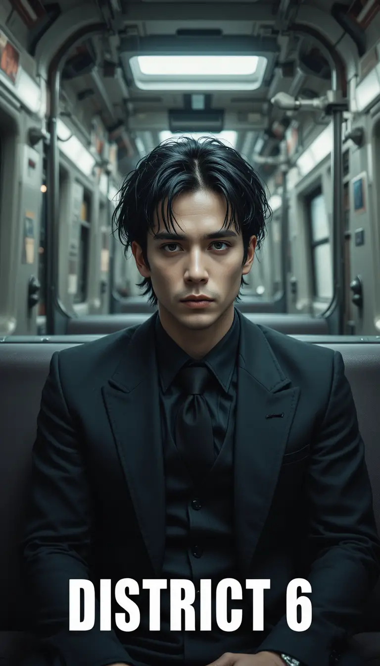 Depressed young man in a dark sci fi train interior