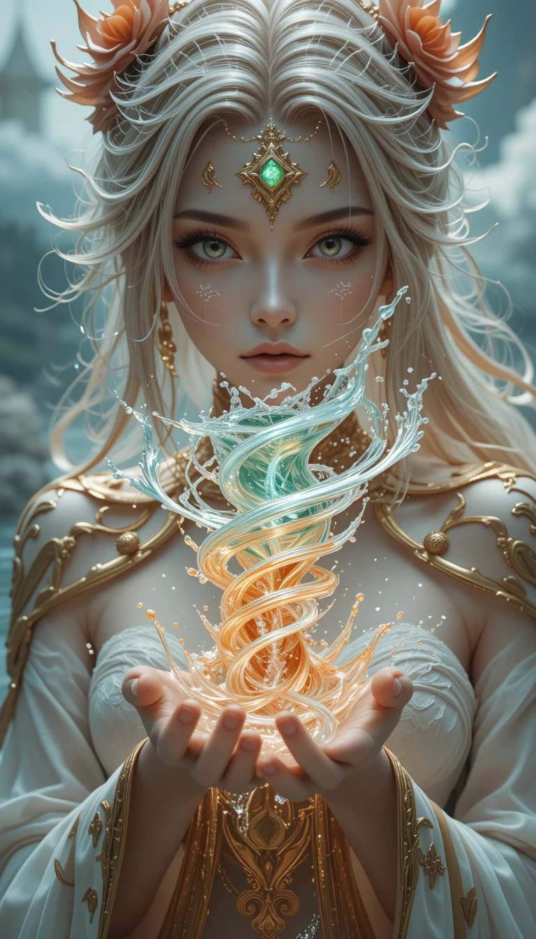 手握發光水漩渦的奇幻女戰士