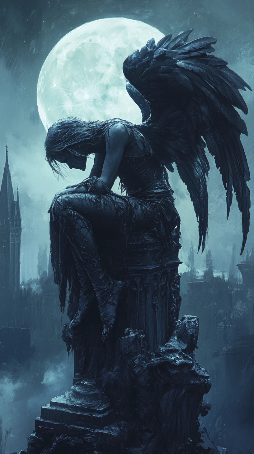Wounded fallen angel on a crumbling gothic gargoyle