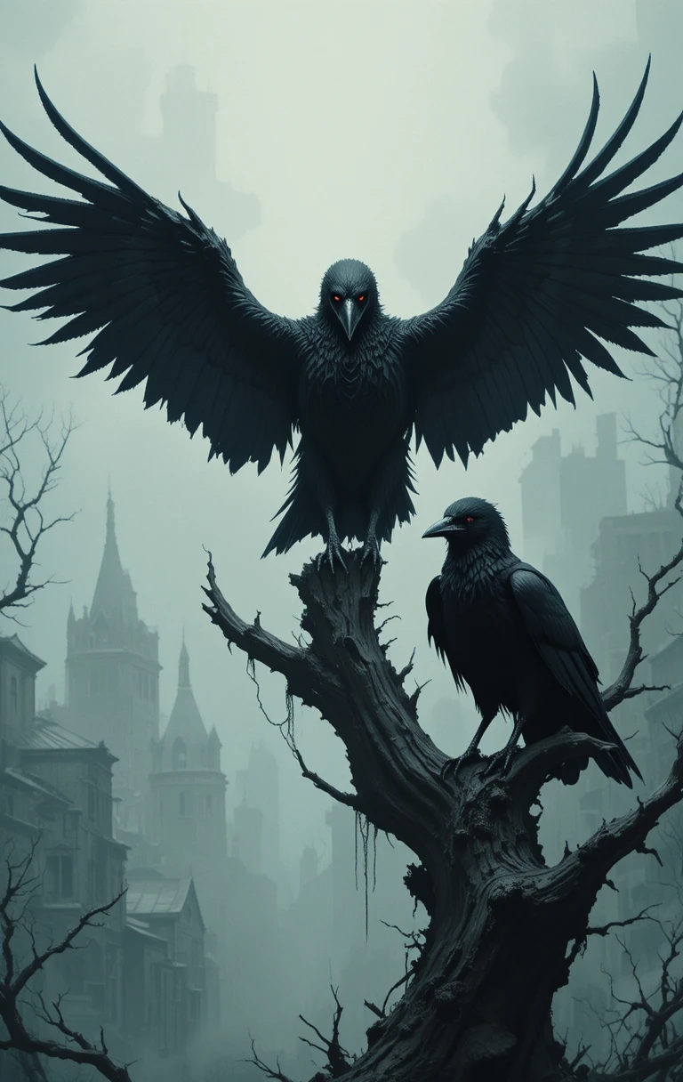 Three black crows on a bare tree over ghostly city