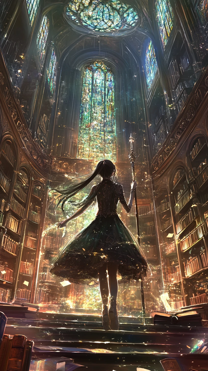 Chica maga de anime en una misteriosa biblioteca de vitrales