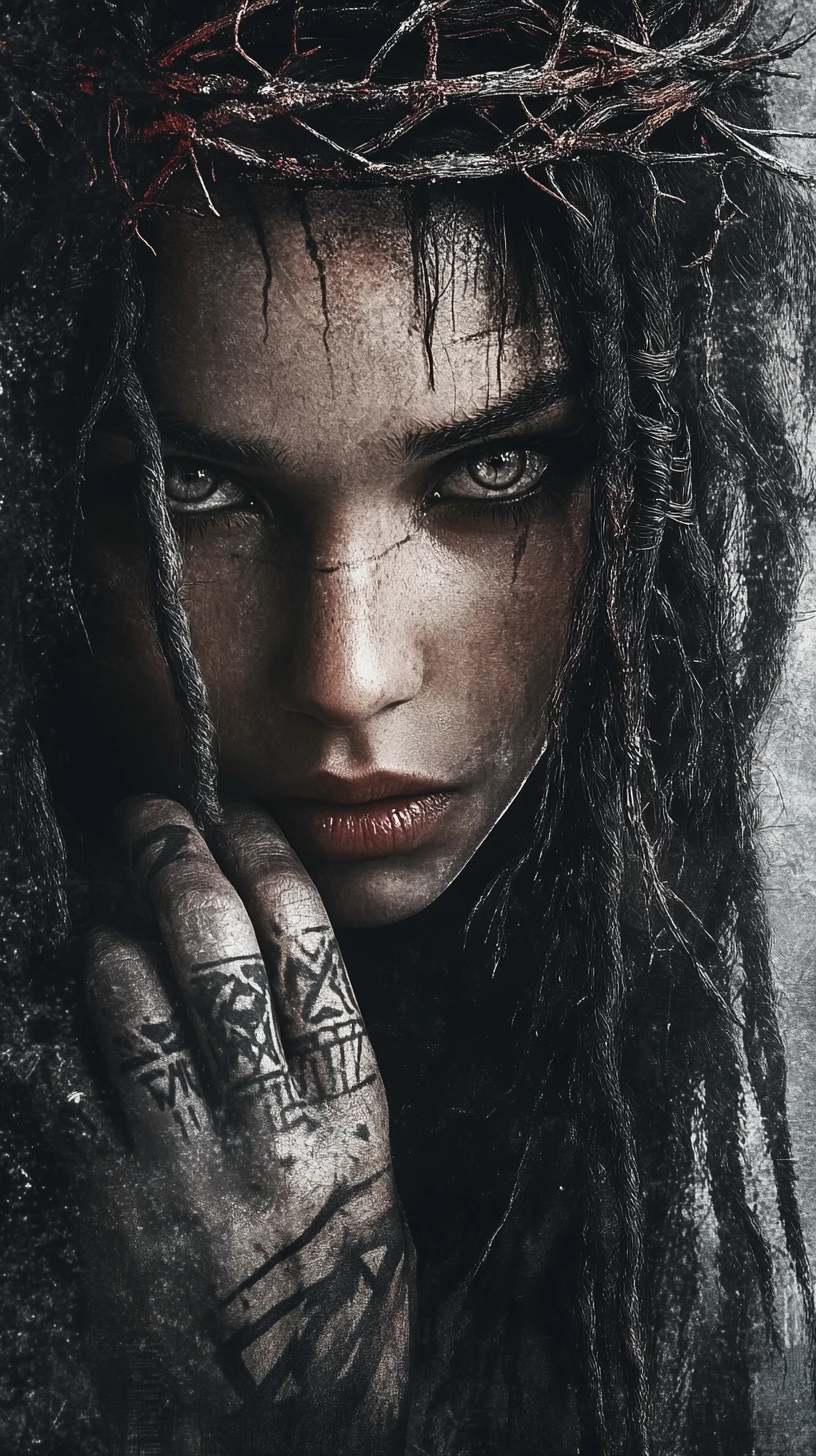Tribal tattooed woman with thorn crown in dramatic portrait