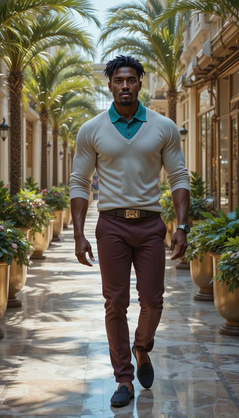 Stylish black man walking through luxury outdoor shopping plaza