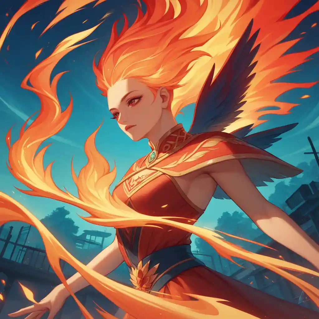 Majestic phoenix rising from blazing ashes in paradise garden