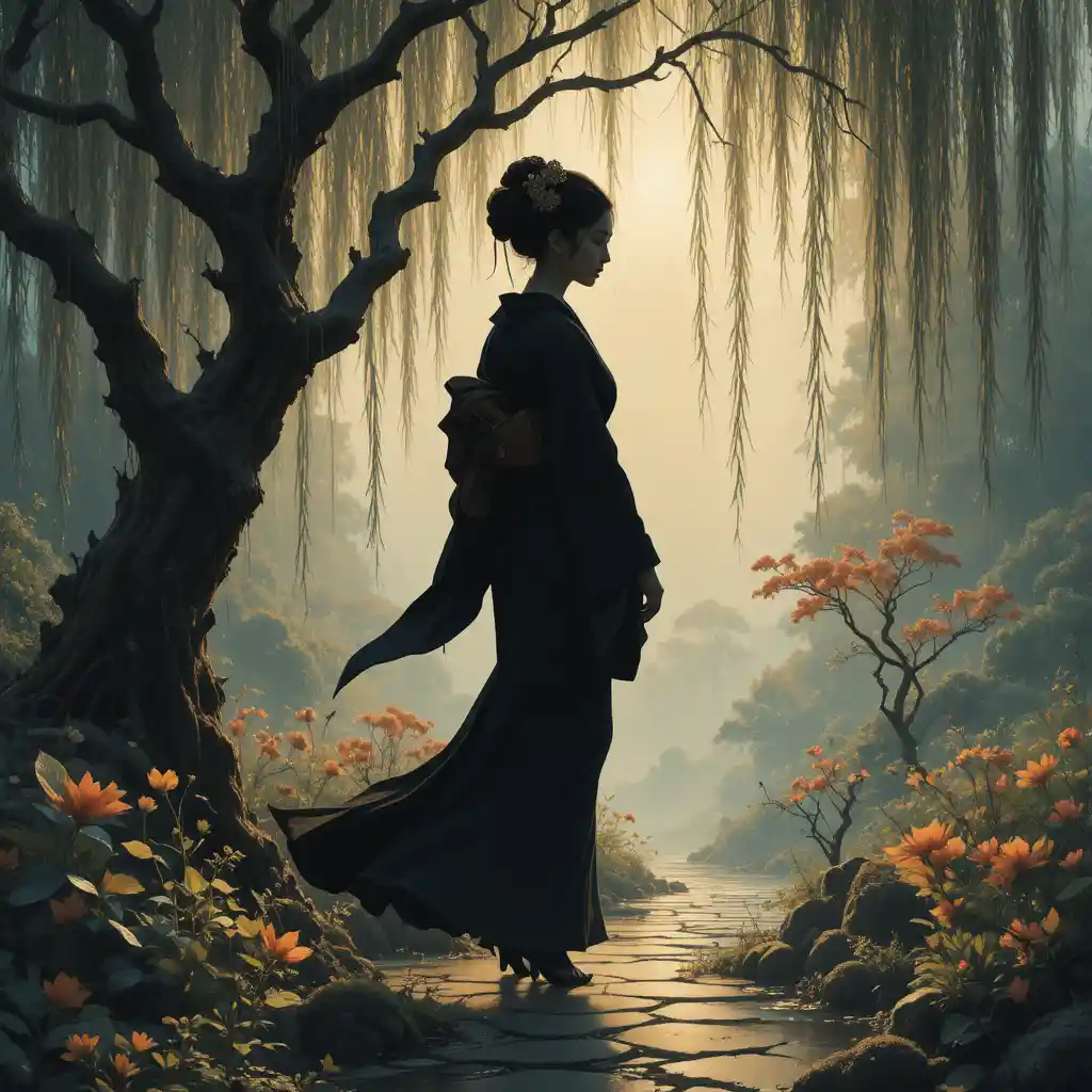 Sagoma di geisha sotto un salice in un tranquillo giardino giapponese