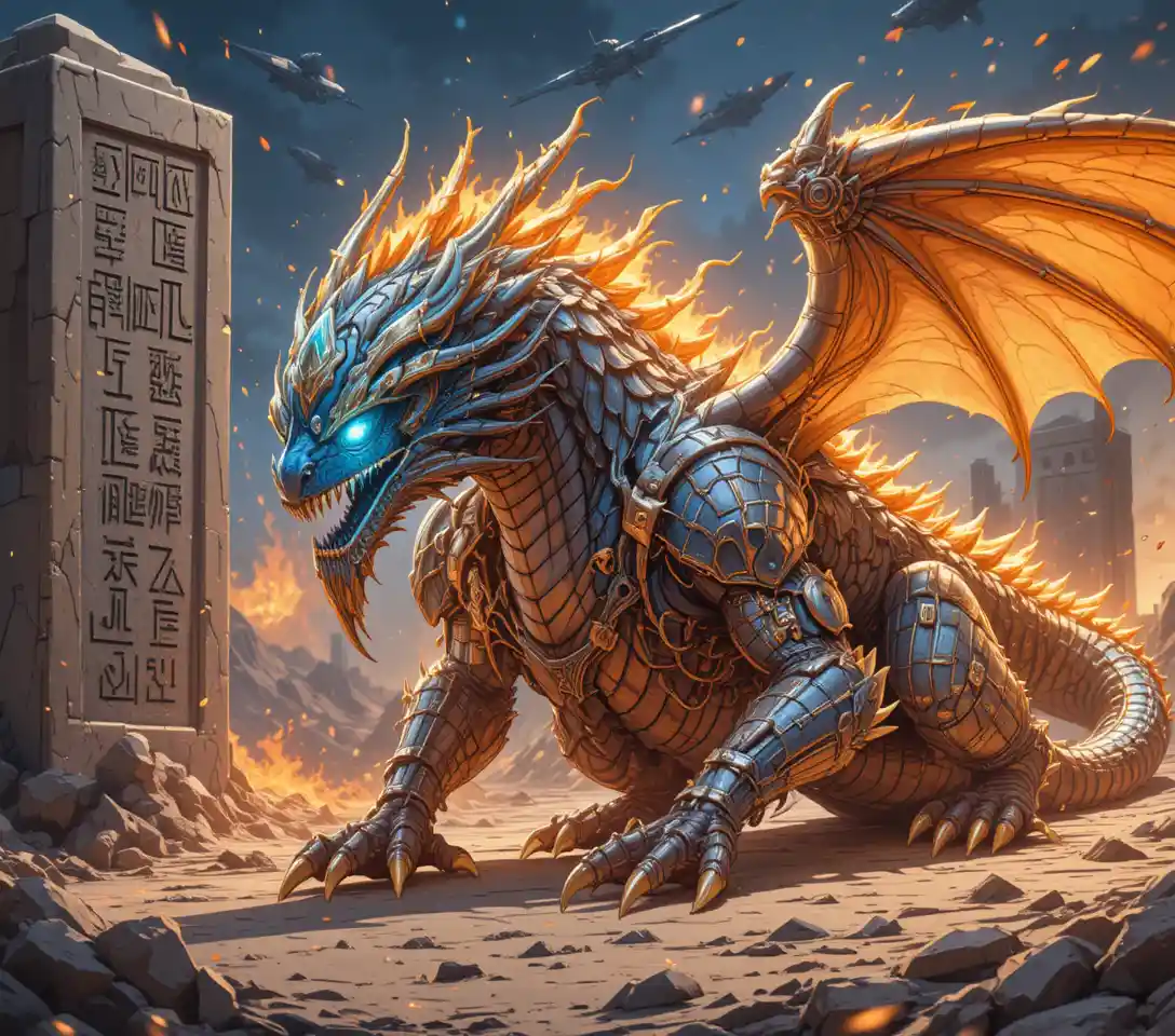 Massive anime dragon guardian in an alien desert