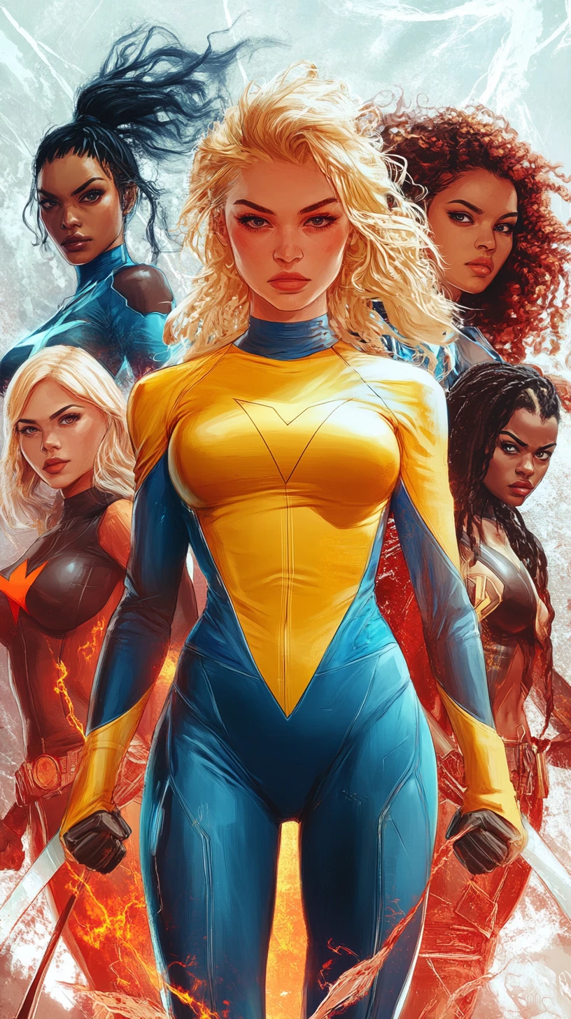 Colorful superheroine team on bold comic style poster