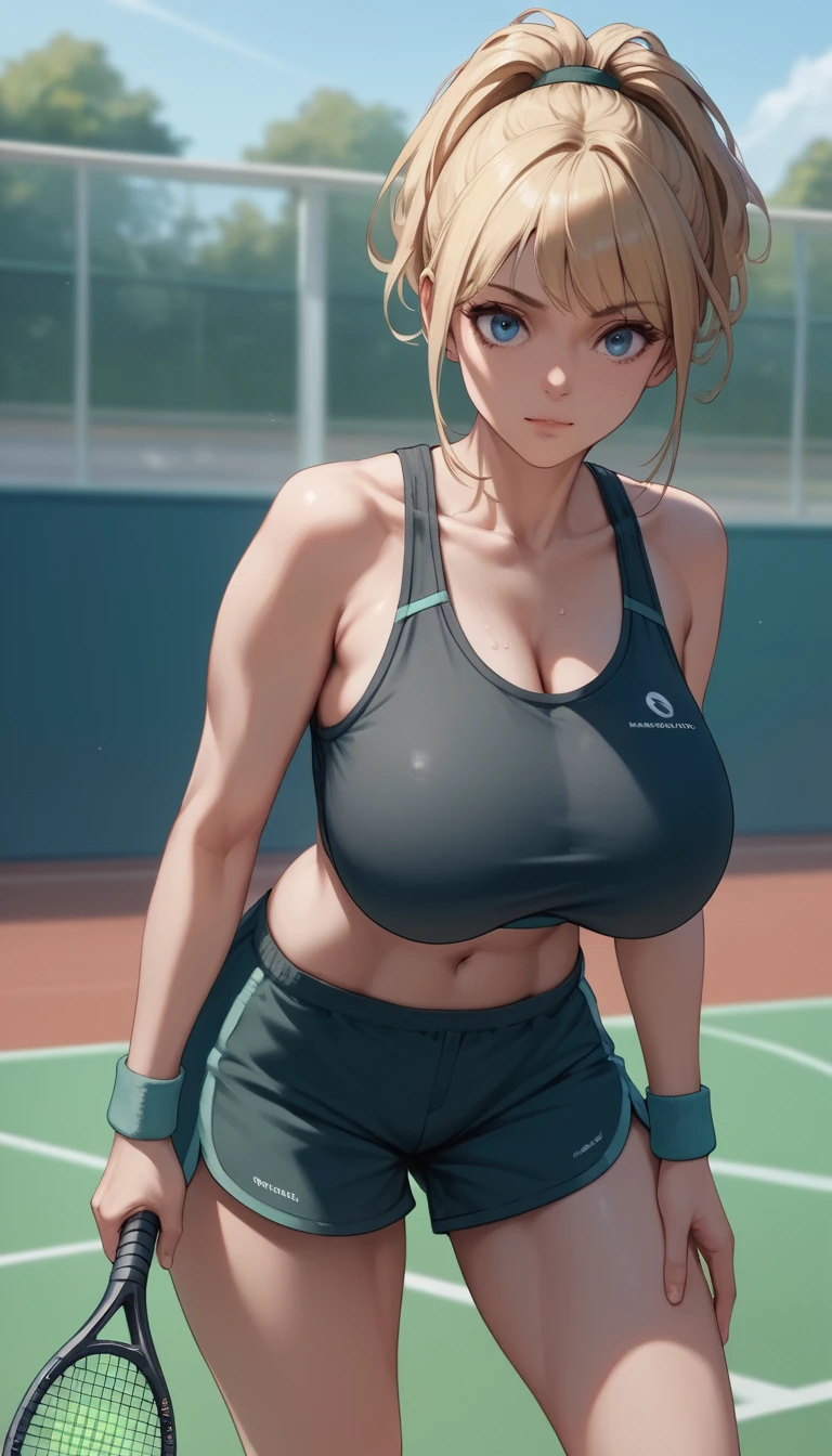 Blonde anime girl standing on cushion with tennis balls