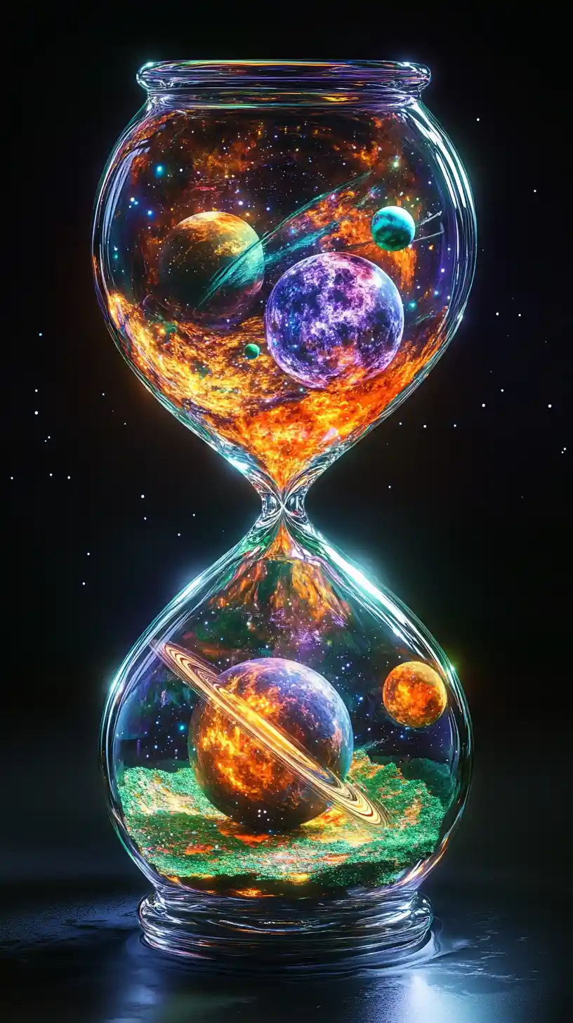 Glas-Sanduhr gefüllt mit leuchtenden kosmischen Mini-Universen