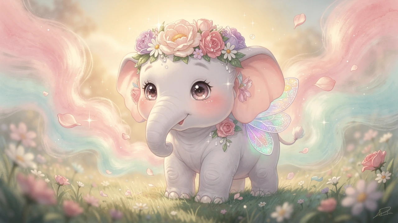 Cute baby elephant with flower crown in enchanted meadow