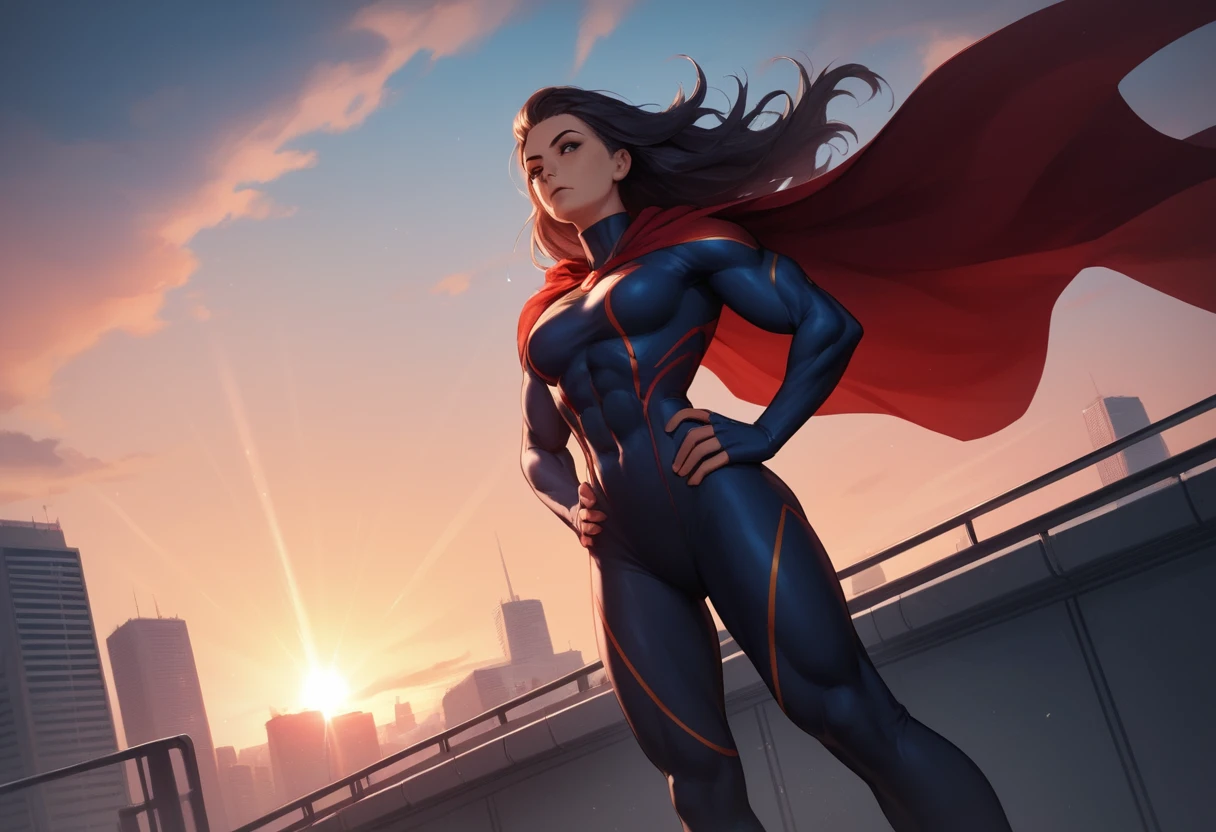 Muscular female superhero on a sunset city rooftop