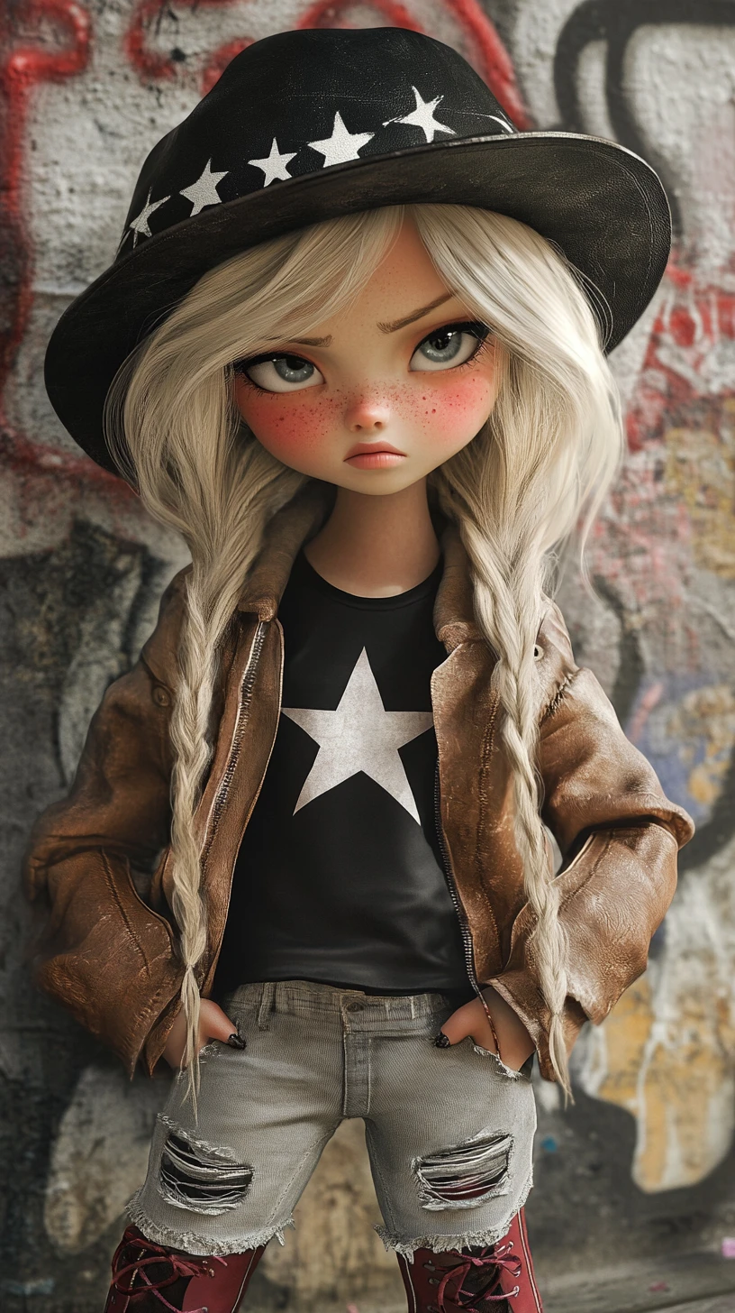Sullen blonde girl in streetwear before graffiti wall