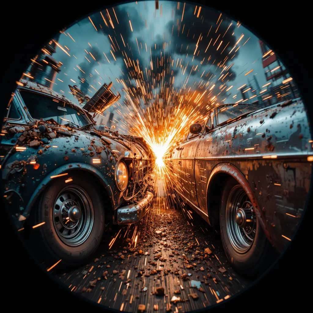 Fisheye view of two junk cars colliding in sparks
