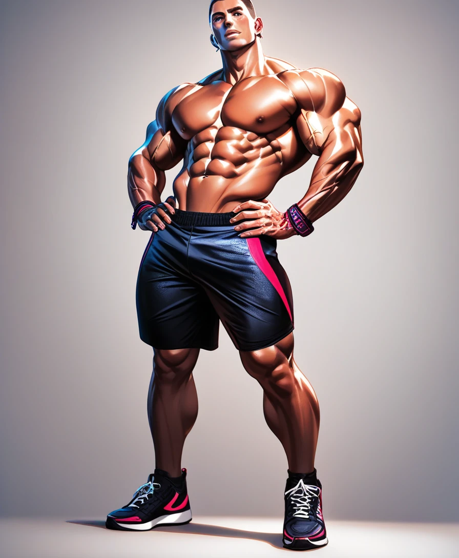 Confident female bodybuilder posing in a modern gym