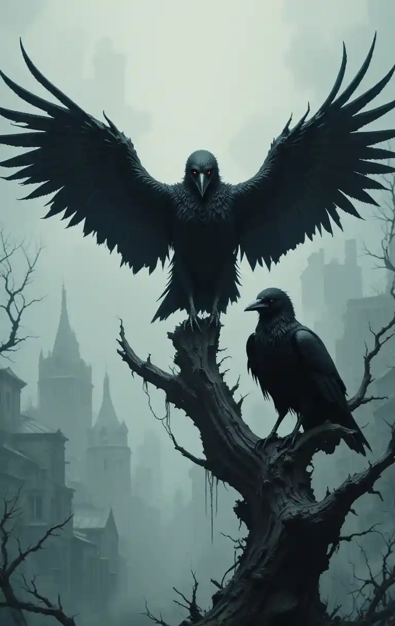 Three black crows on a bare tree over ghostly city