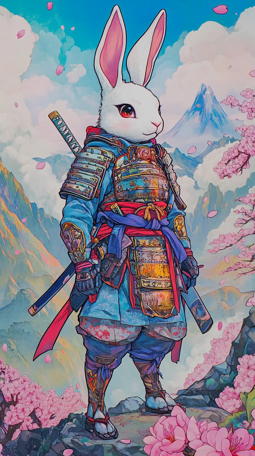 Junge Kaninchen-Samurai-Mädchen in Kirschblütenbergen