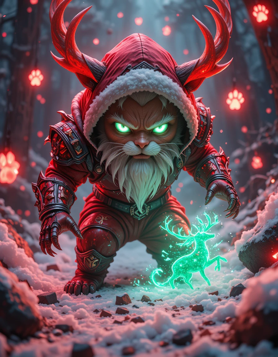 Crystal anime cat warrior in rune covered red hood