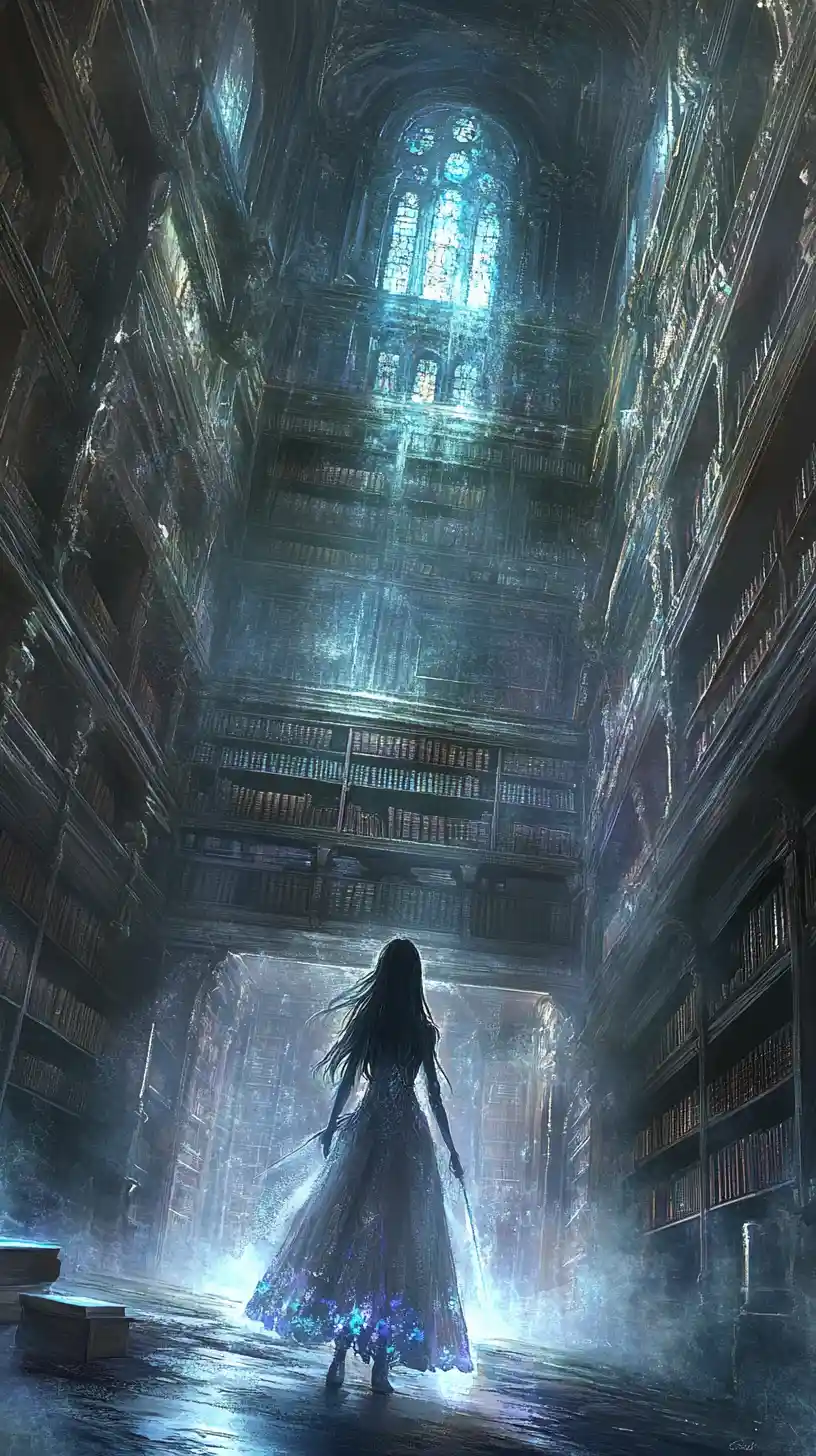 Anime girl mage in a glowing stained glass library