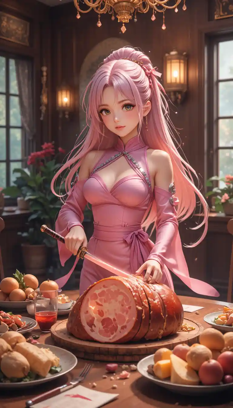Garota ninja de anime fatiando presunto em uma sala de jantar aconchegante