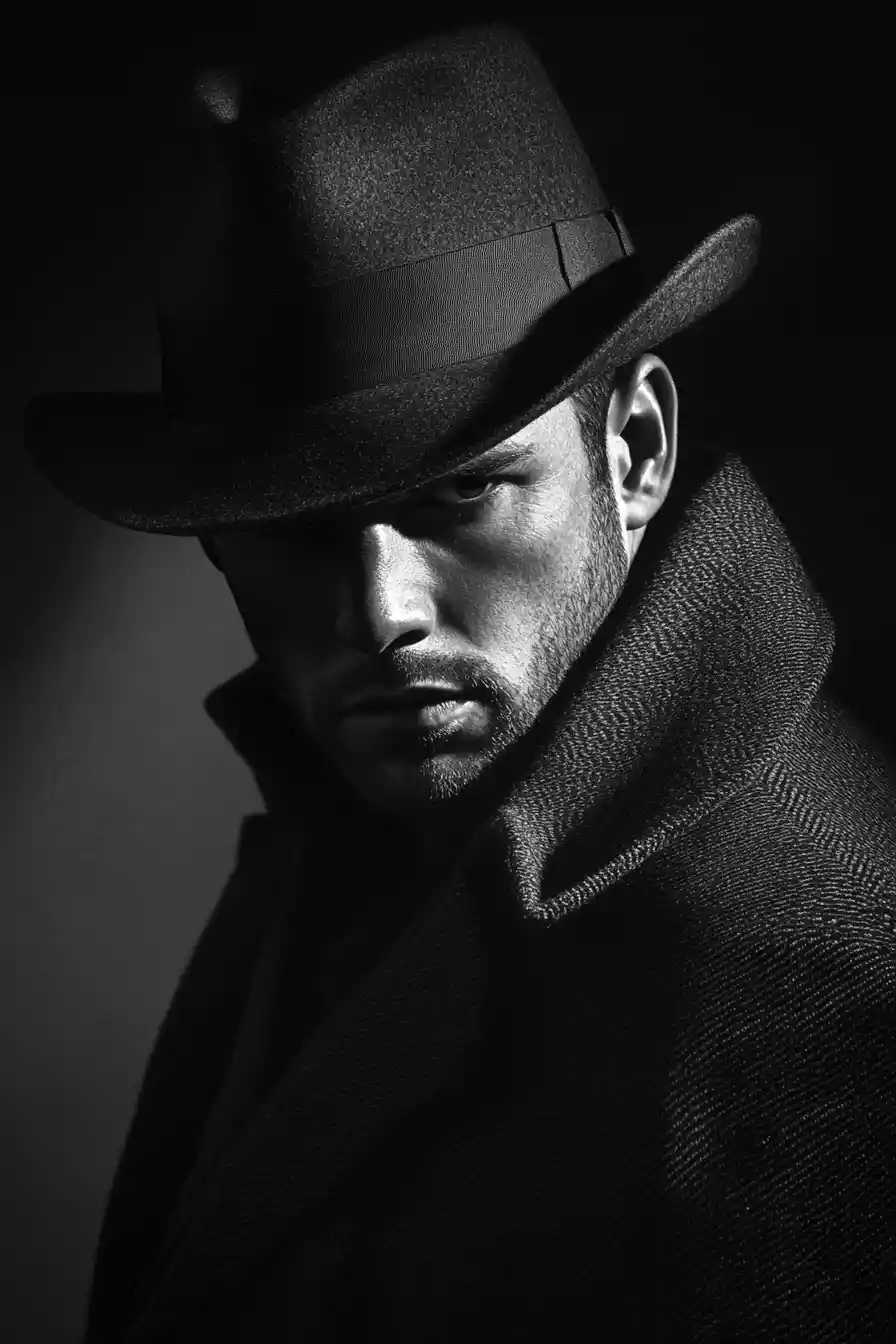 Noir-Schwarzweiß-Porträt eines klassischen Privatdetektivs