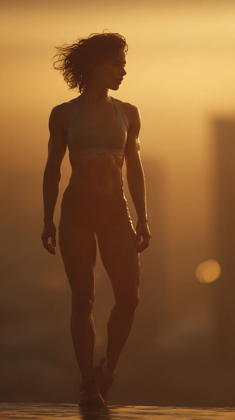 Female athlete on rooftop at golden hour in city