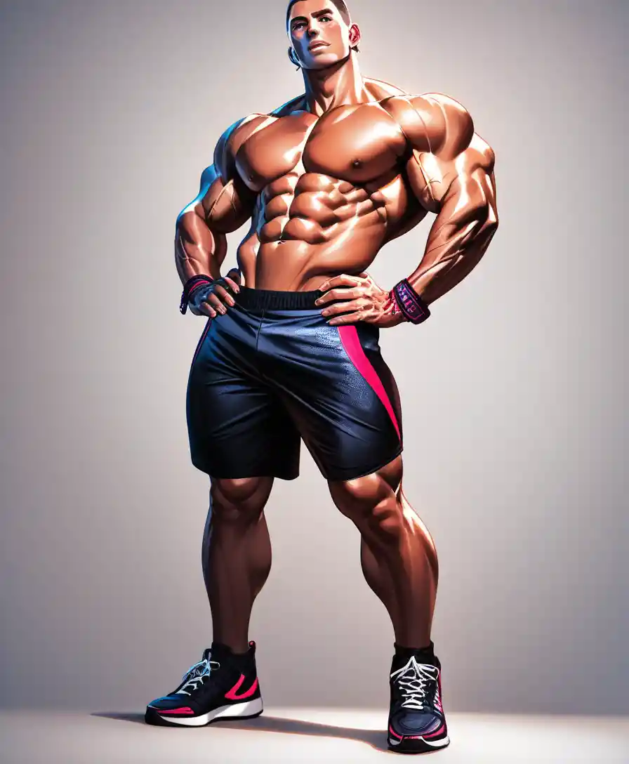 Confident female bodybuilder posing in a modern gym