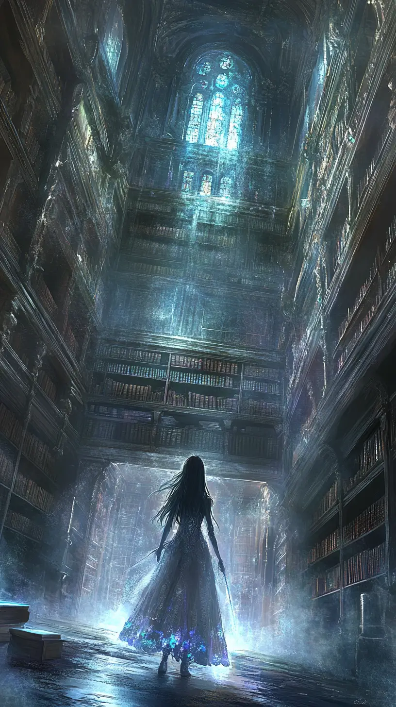 Anime girl mage in a glowing stained glass library