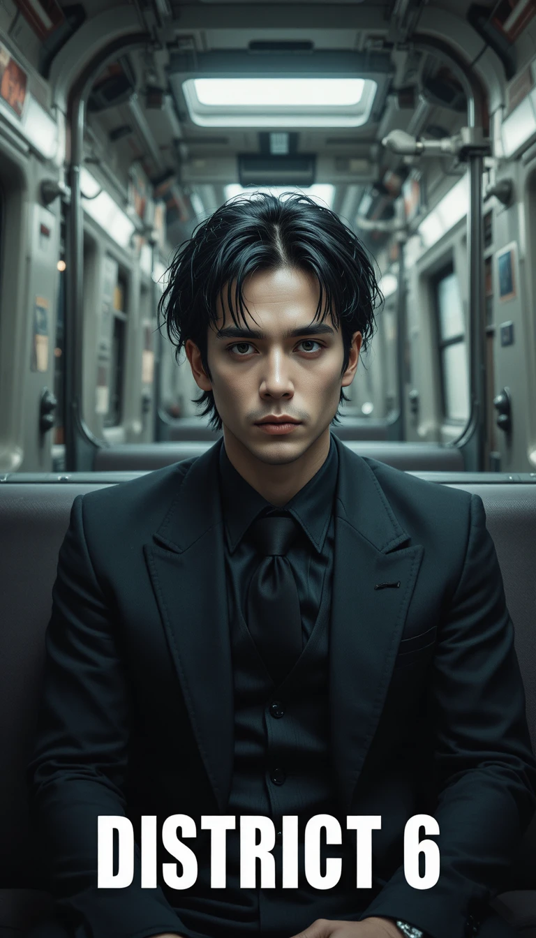 Depressed young man in a dark sci fi train interior