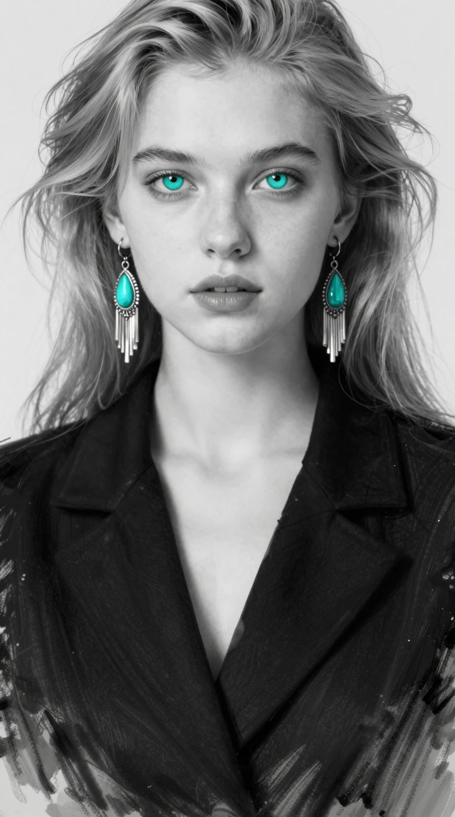 Sketch portrait of girl with turquoise eyes and earrings