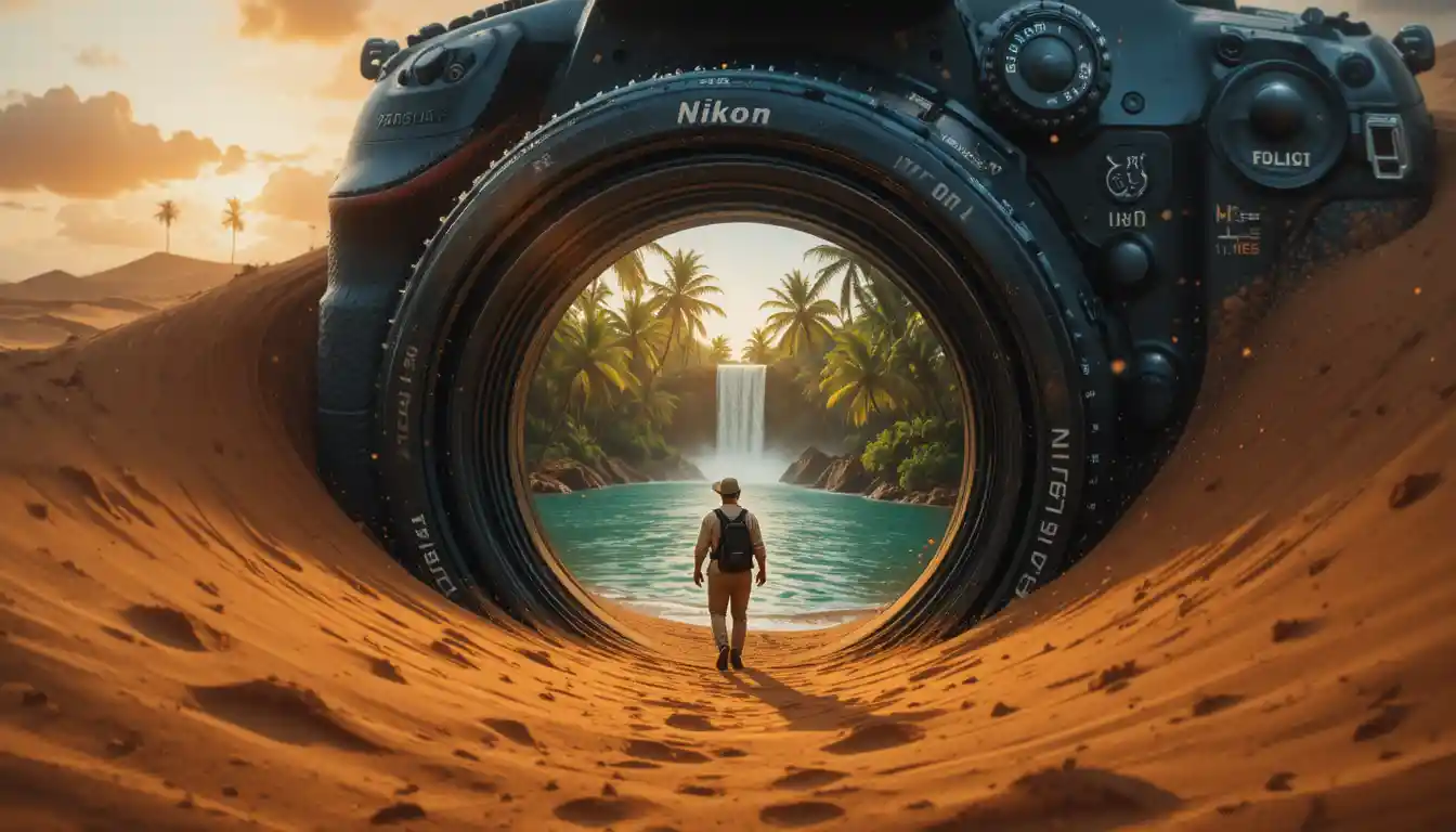 Gigantic camera rising from golden desert dunes at sunset