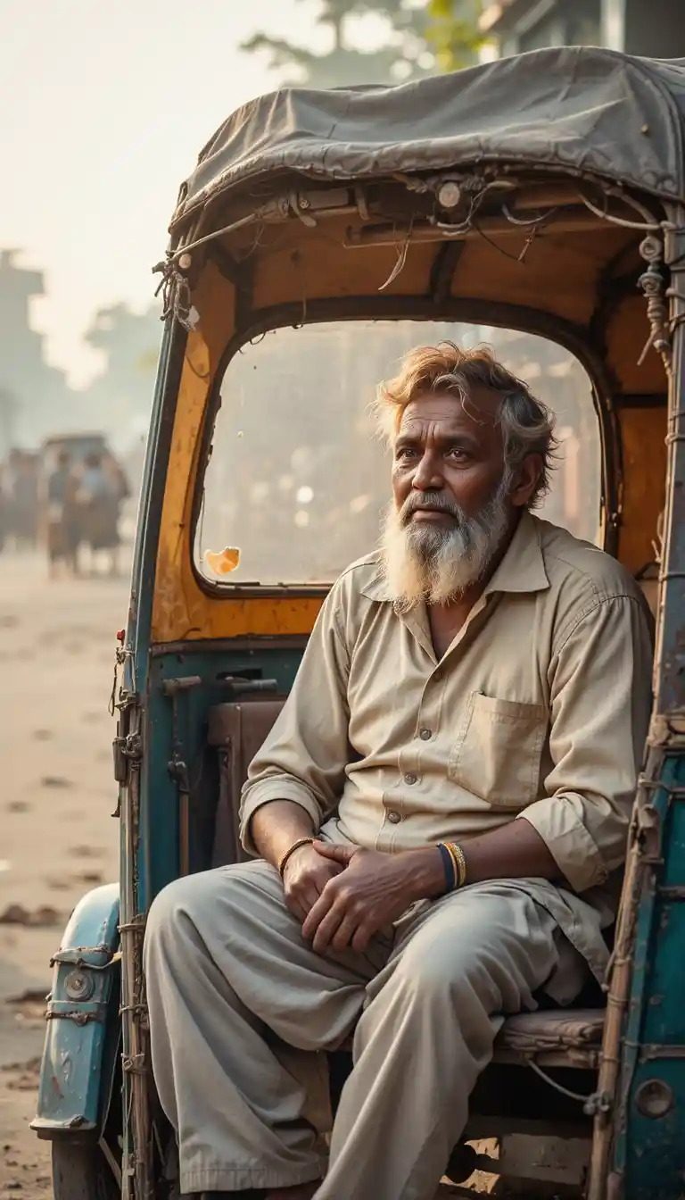 Old rickshaw ride in the quiet morning street