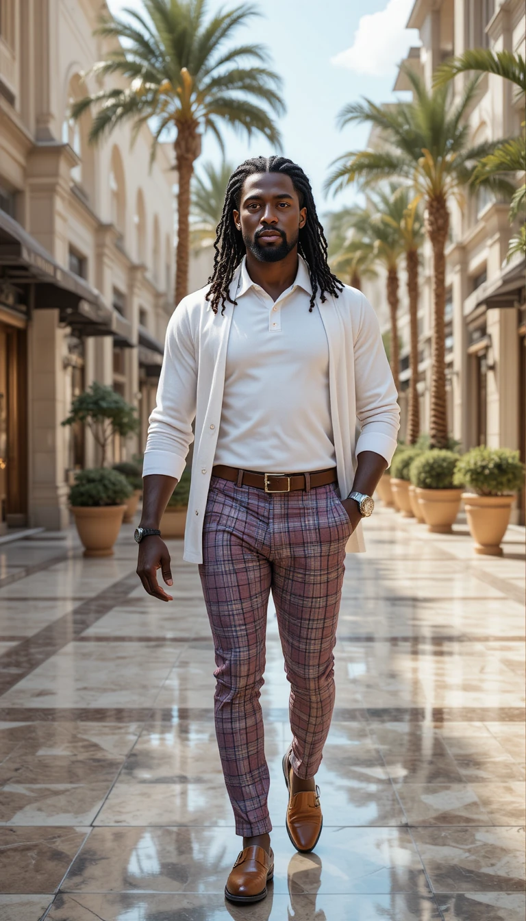 Confident stylish king walking through luxury plaza