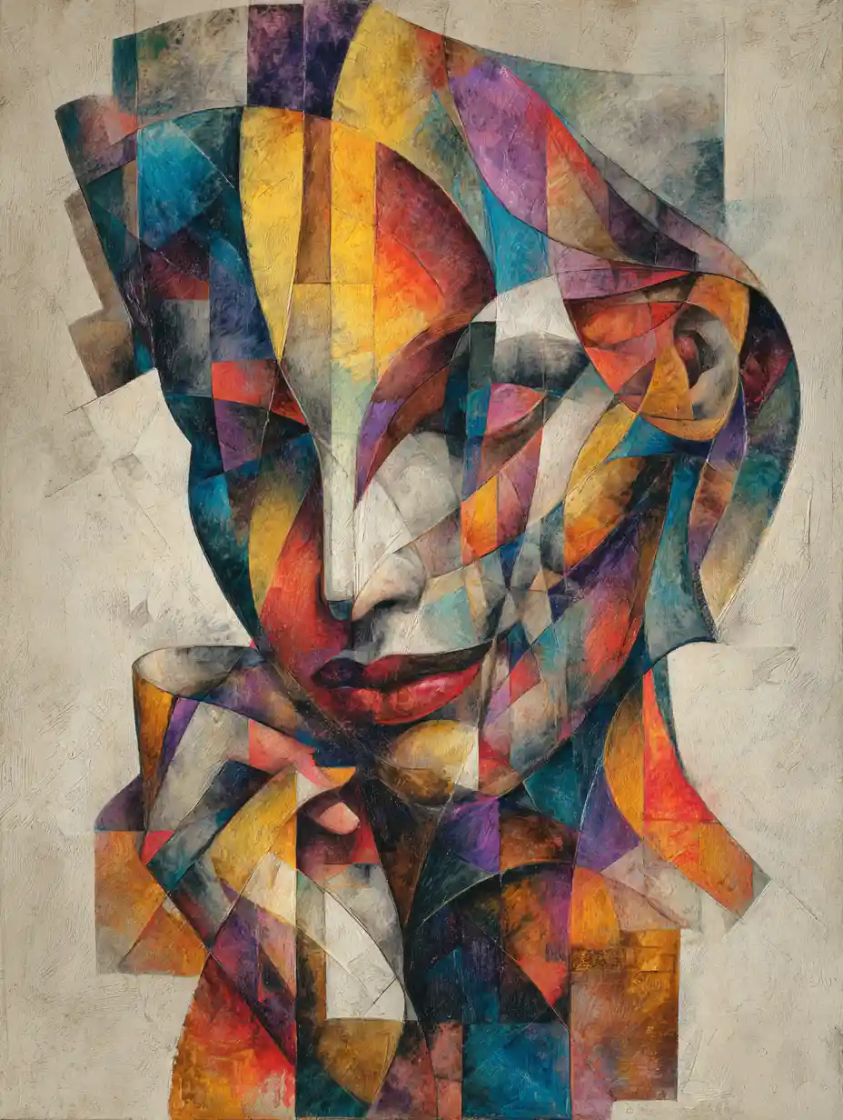 Cubist inspired abstract woman fragmented in vibrant color