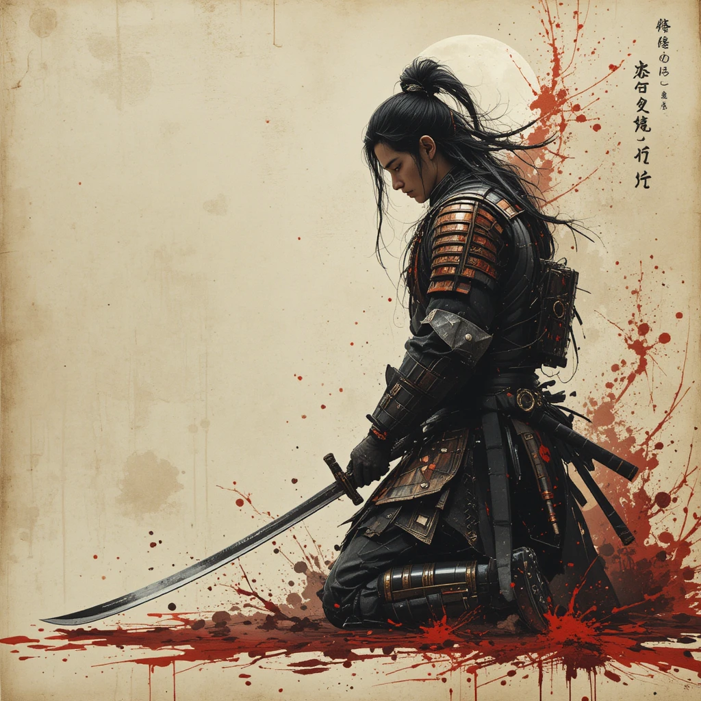 Primo piano di samurai in ginocchio in pittura a inchiostro