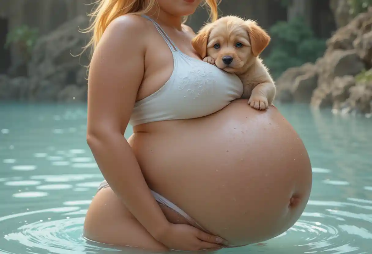 Pregnant woman in white bikini holding puppy at hot spring