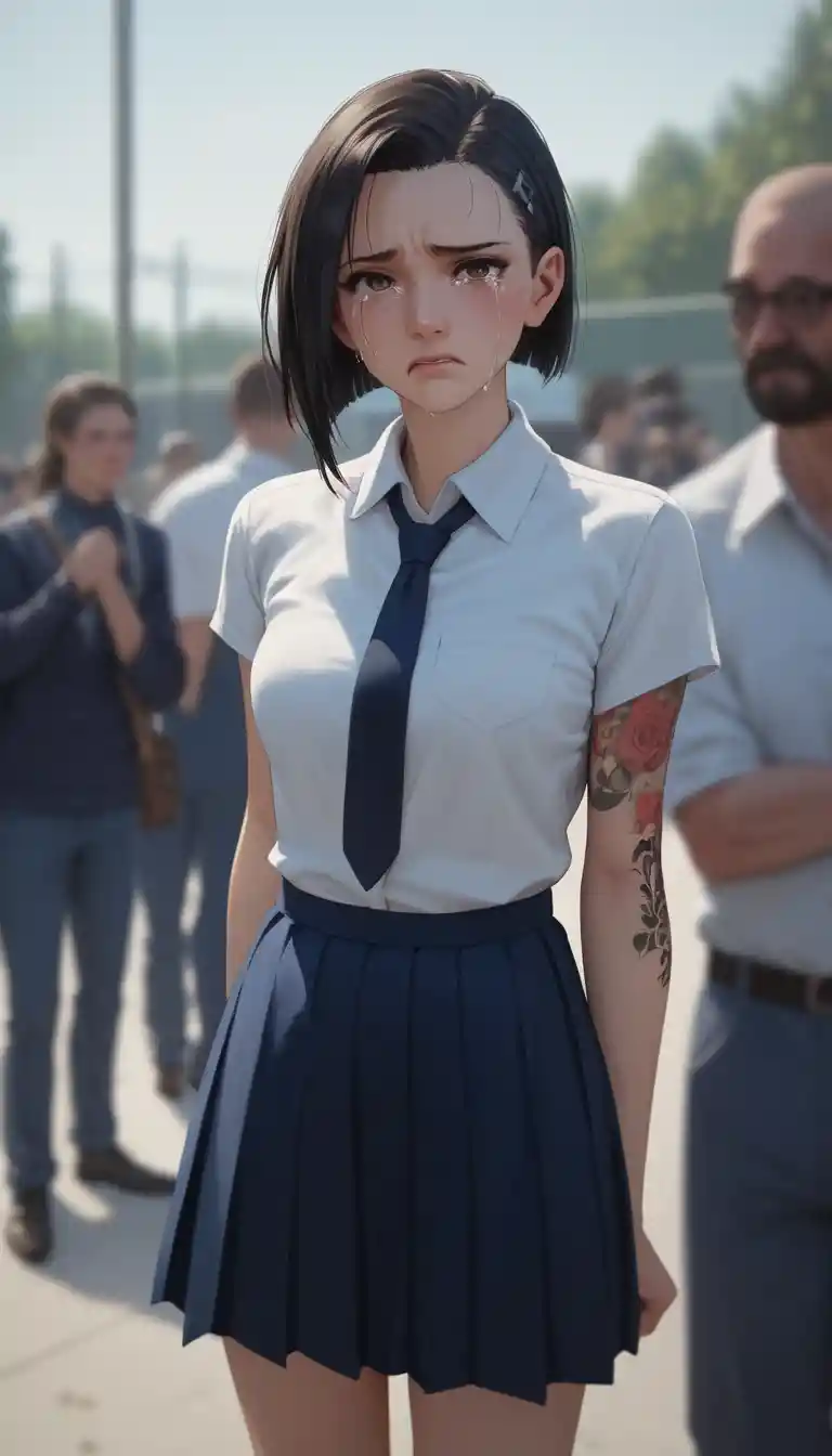 Young Japanese schoolgirl defying a stern authority figure