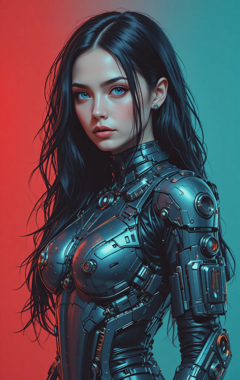 Futuristic armored woman with blue eyes in neon gradient