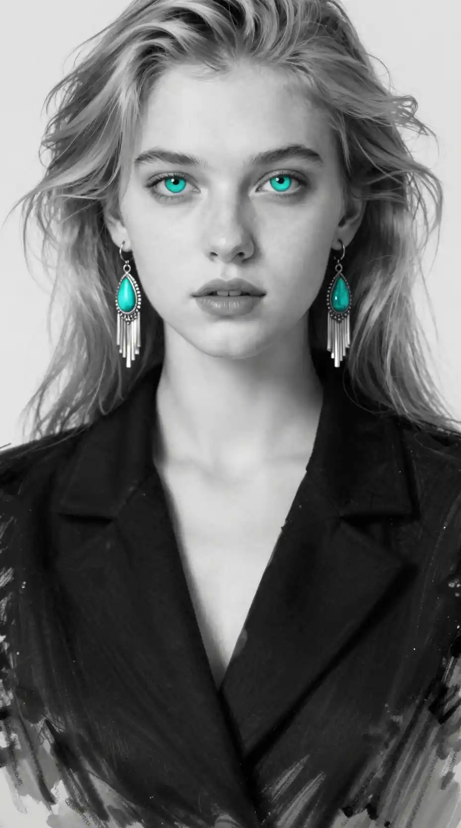 Sketch portrait of girl with turquoise eyes and earrings