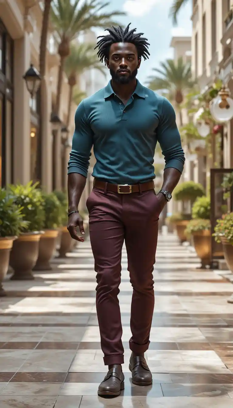 Stylish kingly man walking through luxury outdoor plaza