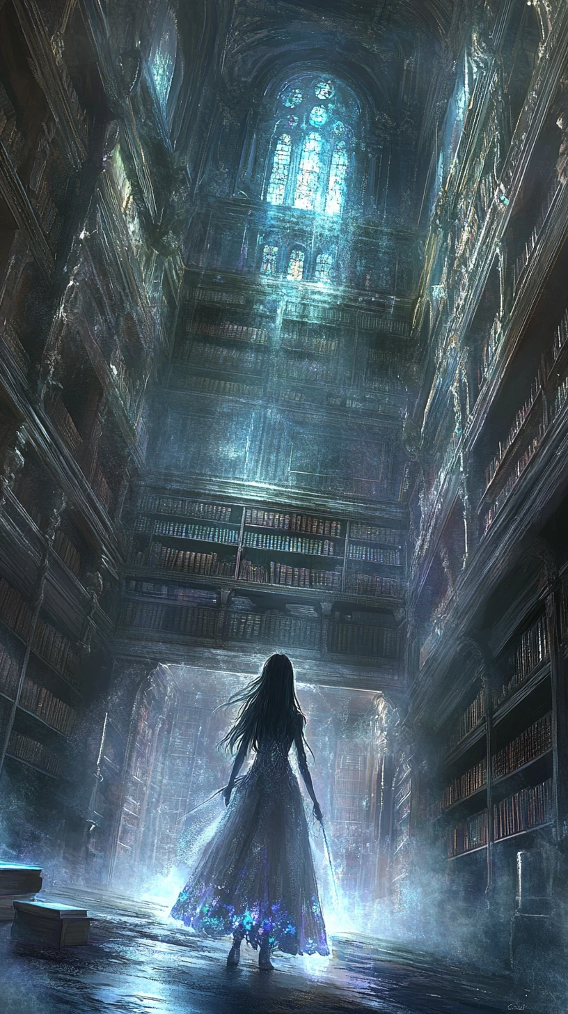 Anime girl mage in a glowing stained glass library