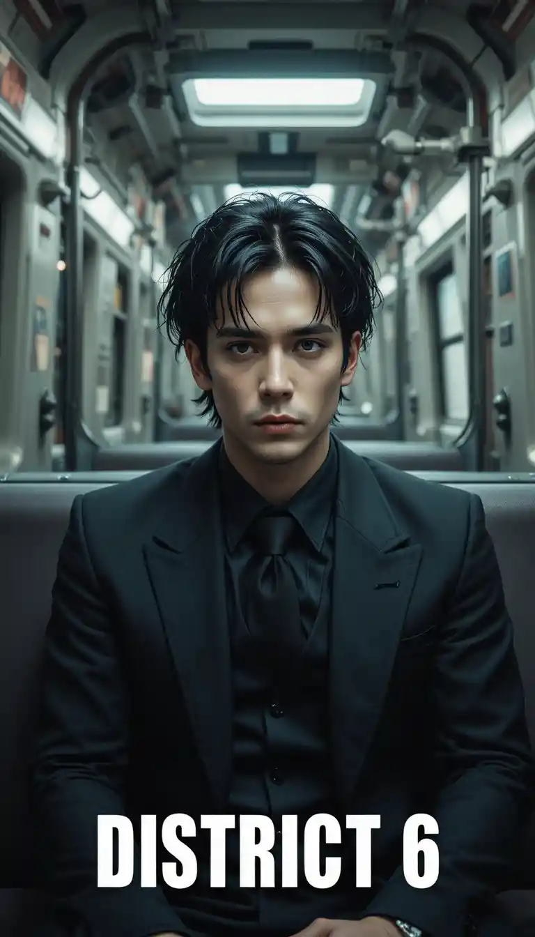 Depressed young man in a dark sci fi train interior