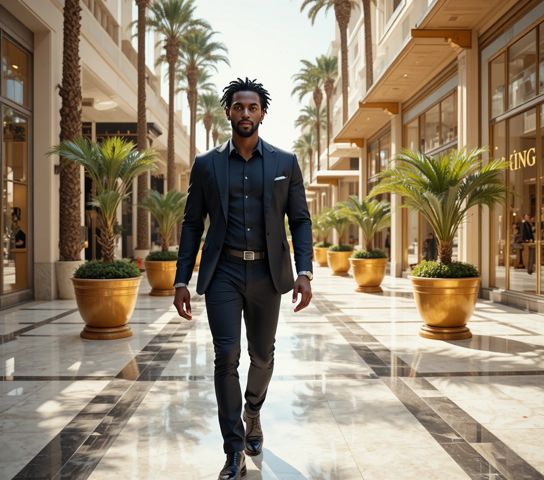 Confident stylish king walking through luxury plaza